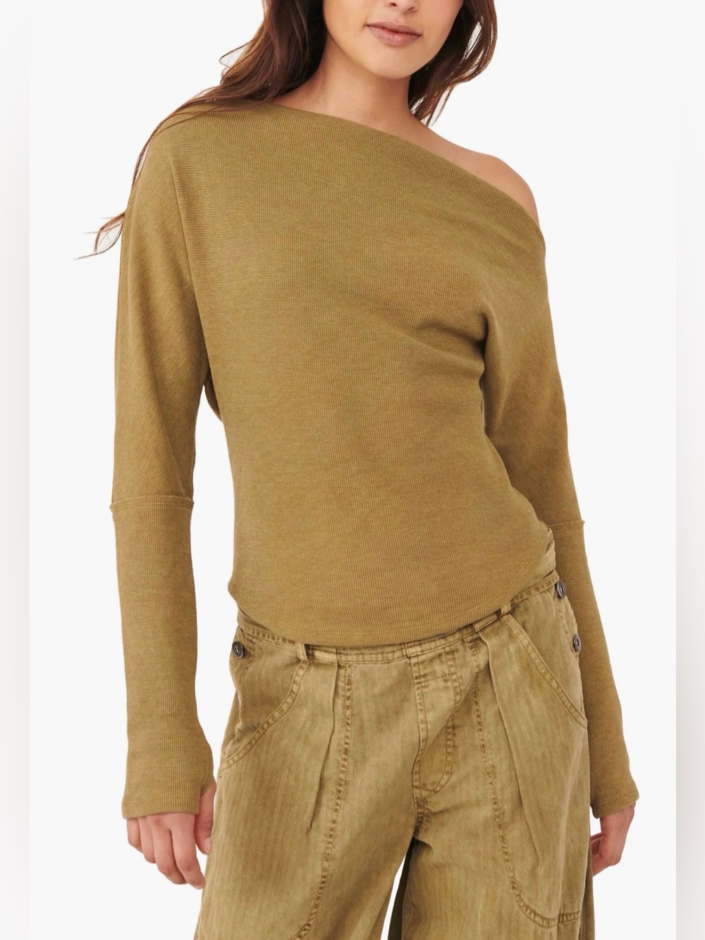 FREE PEOPLE We the Free Fuji Off the Shoulder Oversized Thermal Waffle Top